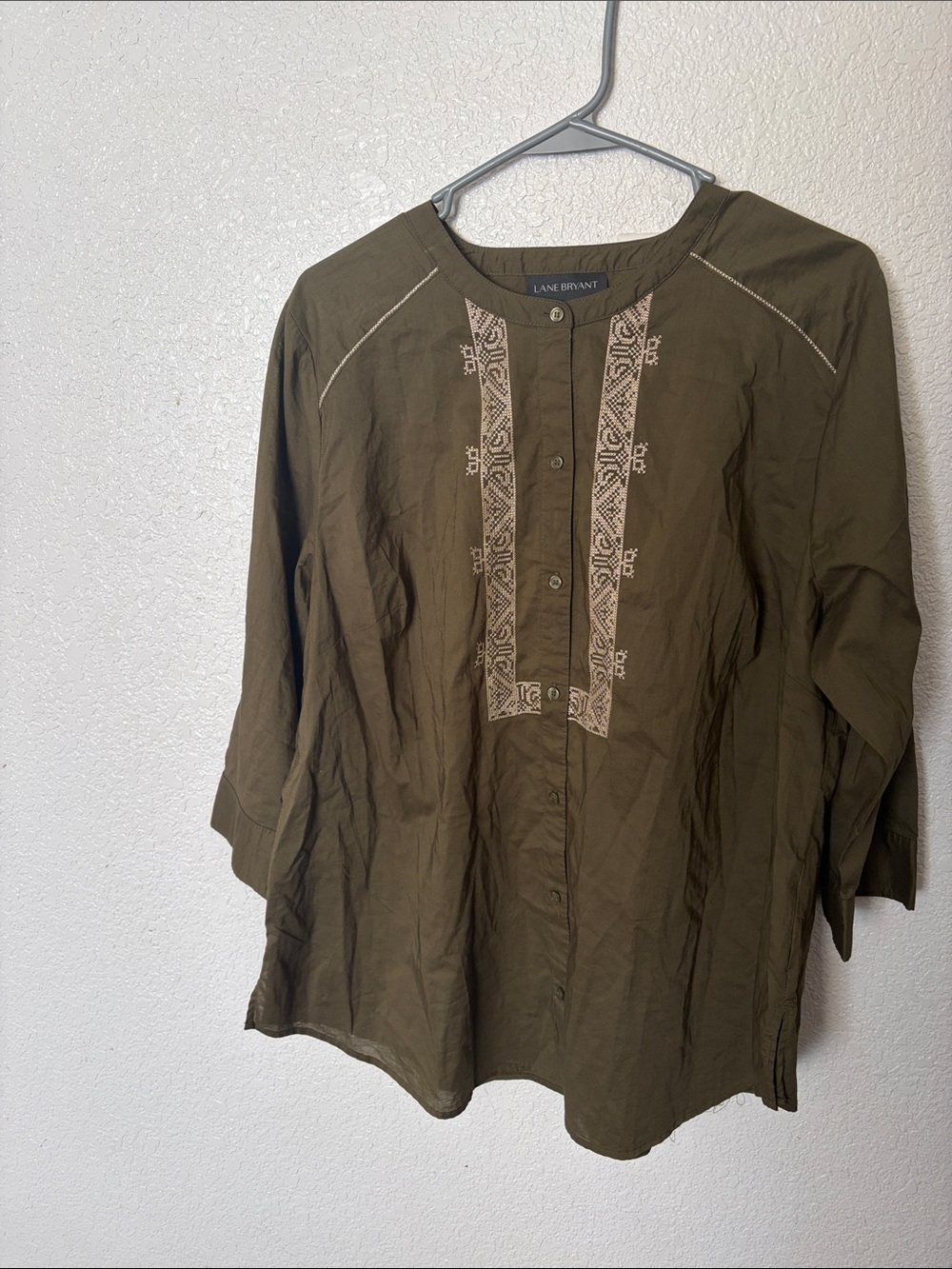 Lane Bryant Olive Green Button-Front Blouse with Cream Embroidered Trim